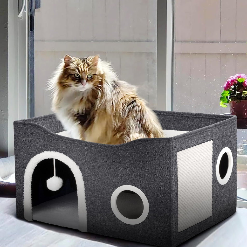 Cat House for Indoor Cats - Large Cat Bed Cave with Fluffy Ball and Scratch Pad, Foldable Cats Houses & Condos, Cat Hideaway, Covered Kitty Bed for Multi Small Large Kitty, 23.8X15.9X13.2 Inch