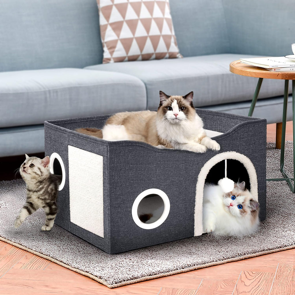Cat House for Indoor Cats - Large Cat Bed Cave with Fluffy Ball and Scratch Pad, Foldable Cats Houses & Condos, Cat Hideaway, Covered Kitty Bed for Multi Small Large Kitty, 23.8X15.9X13.2 Inch