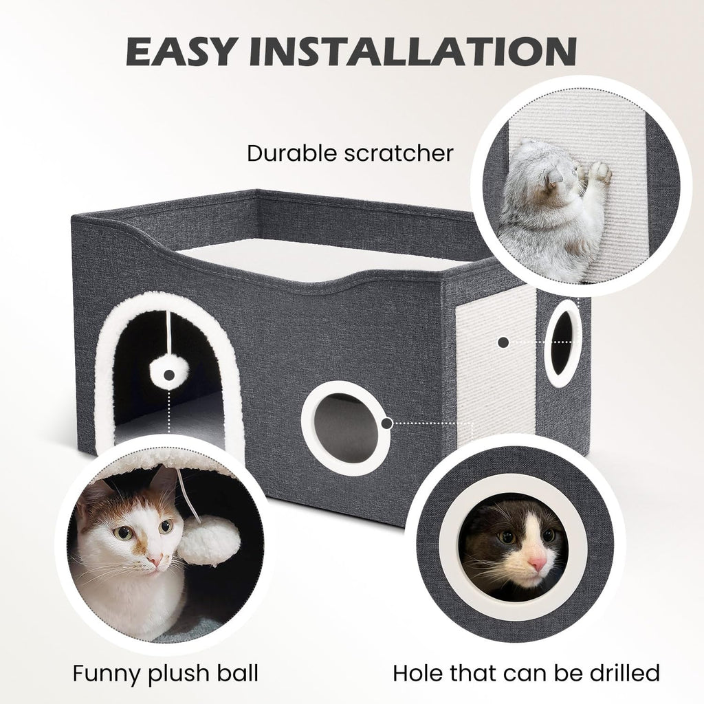 Cat House for Indoor Cats - Large Cat Bed Cave with Fluffy Ball and Scratch Pad, Foldable Cats Houses & Condos, Cat Hideaway, Covered Kitty Bed for Multi Small Large Kitty, 23.8X15.9X13.2 Inch