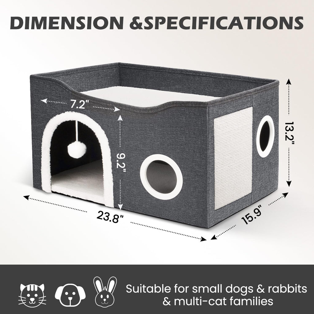 Cat House for Indoor Cats - Large Cat Bed Cave with Fluffy Ball and Scratch Pad, Foldable Cats Houses & Condos, Cat Hideaway, Covered Kitty Bed for Multi Small Large Kitty, 23.8X15.9X13.2 Inch