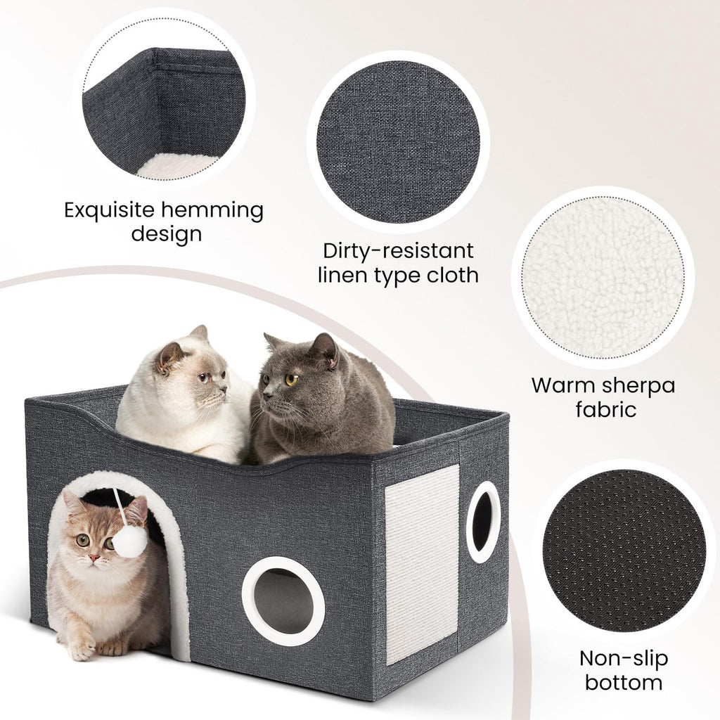 Cat House for Indoor Cats - Large Cat Bed Cave with Fluffy Ball and Scratch Pad, Foldable Cats Houses & Condos, Cat Hideaway, Covered Kitty Bed for Multi Small Large Kitty, 23.8X15.9X13.2 Inch