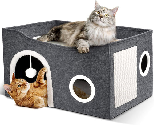 Cat House for Indoor Cats - Large Cat Bed Cave with Fluffy Ball and Scratch Pad, Foldable Cats Houses & Condos, Cat Hideaway, Covered Kitty Bed for Multi Small Large Kitty, 23.8X15.9X13.2 Inch